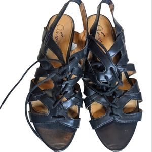 Mia Amore Lace Up Gladiator Low Wedge Sandel Black Size 8.5